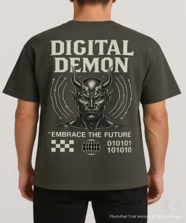 Grey Digital Demon Printed Oversize T-Shirt