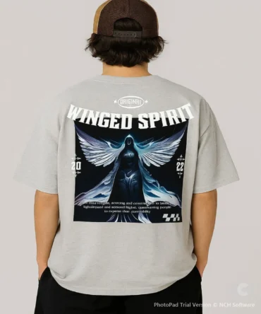 Smokey Gray Winged Sprit Printed Oversized T-Shirt